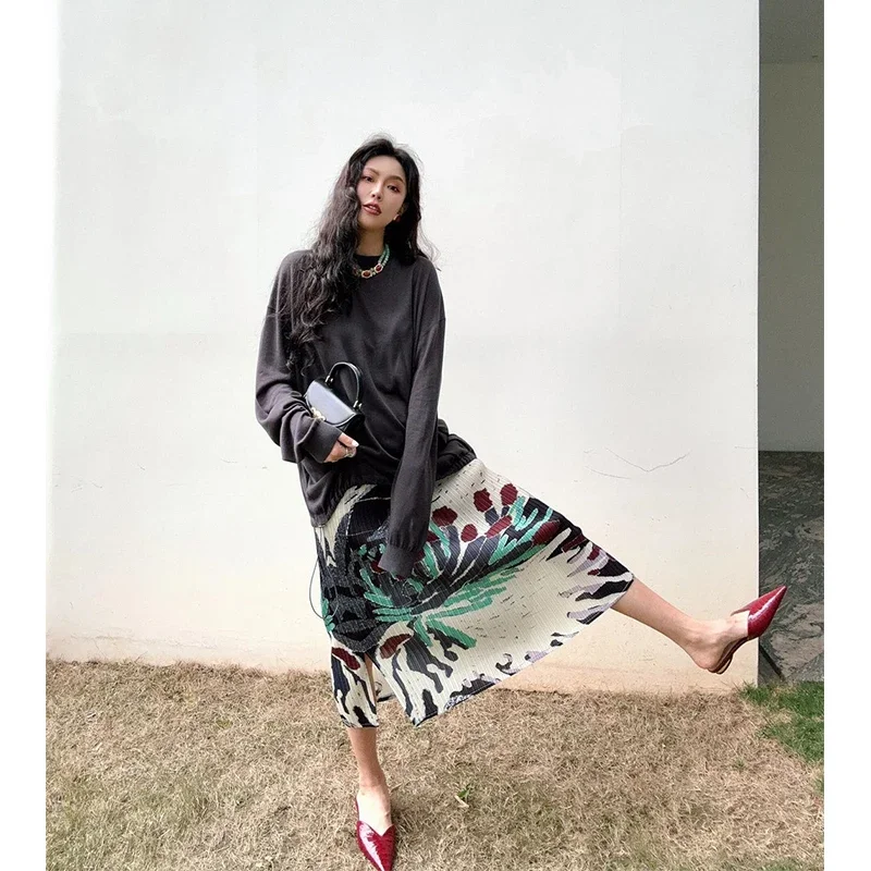 Vintage Print Midi Skirt Women Elegant Floral Slit Pleated Skirts Summer Korean Vacation High Waist Split Chic A Line Skirt New