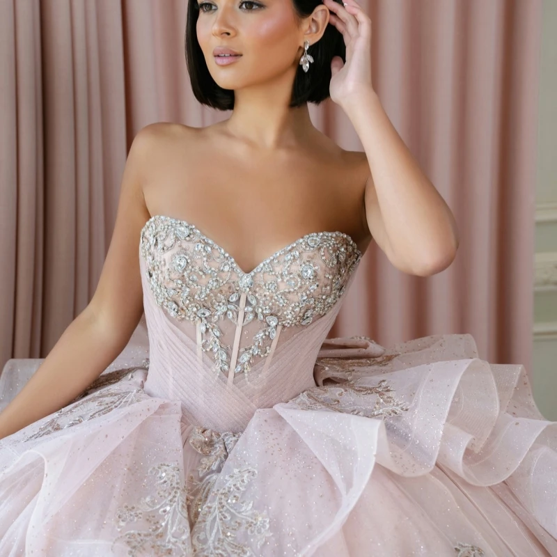 فساتين Quinceanera الوردية اللامعة قبالة الكتف زين الدانتيل الخرز تول مشد حفلة عيد ميلاد الحلو 16 فستان Vestidos 15 De