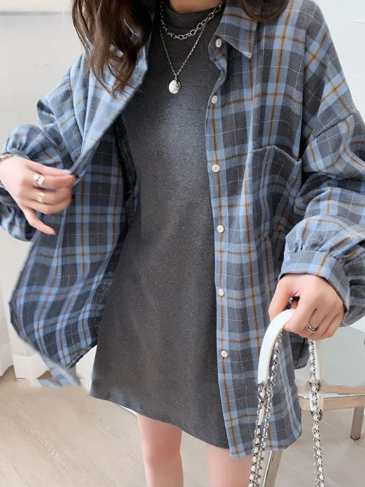 Women\'s Blouse Plaid Shirts Tops Fashion Long Sleeve Button Down Shirt Autumn Casual Oversized Blouses Chic Female Clothing