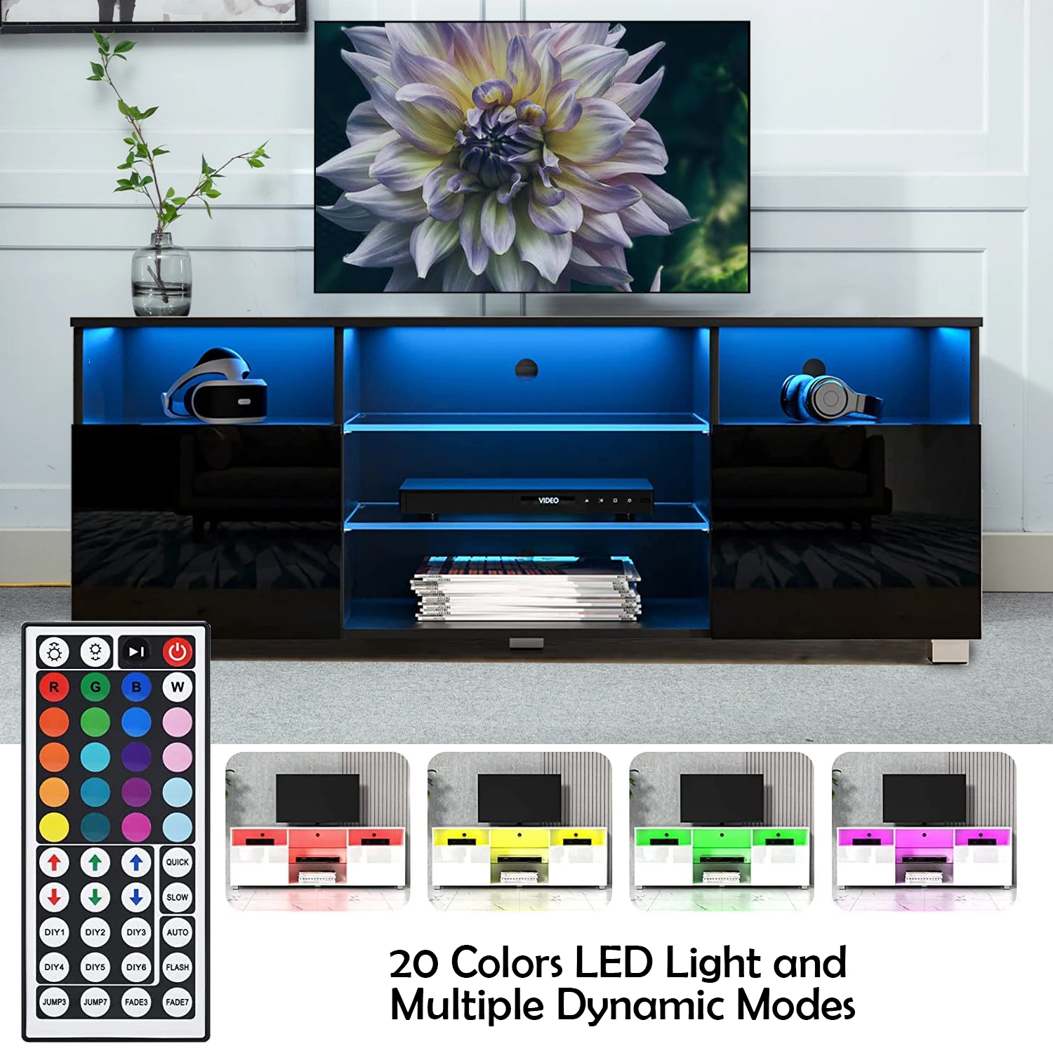 

57/65/71IN LED TV Stand with Adjustable Storage Shelf, Modern High Glossy Gaming Entertainment Center, TV Cabinet