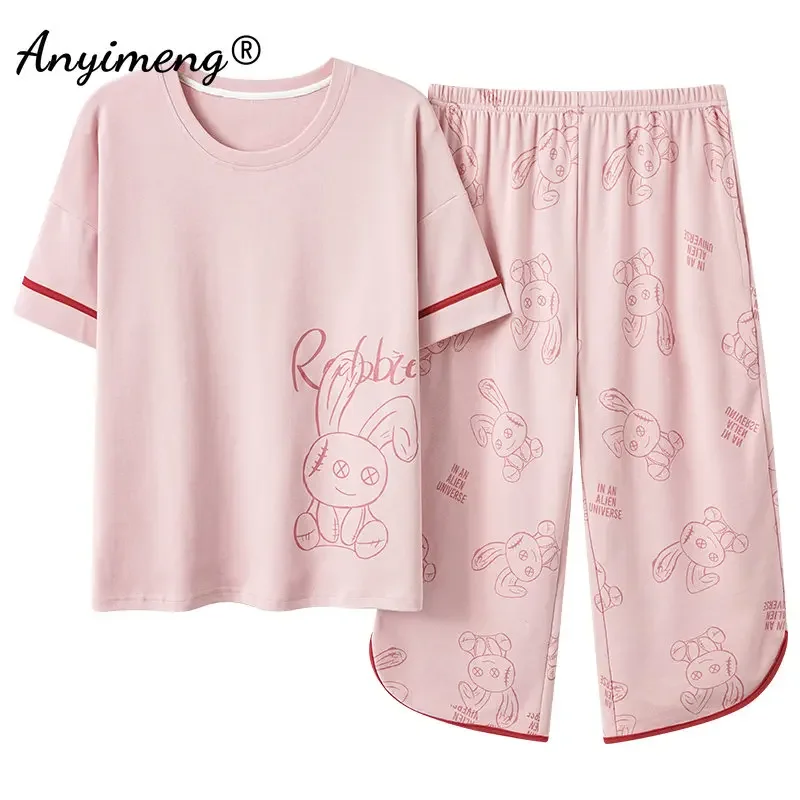 Summer Fashion Rabbit Printing 3XL Pink Sleepwear for Girls Soft Cotton Pajamas Women Pijama Short Sleeve Capri Pants Loungewear