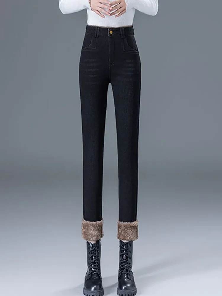 겨울용 따뜻한 스키니 펜슬 진 한국 패션 하이웨이스트 플리스 안감 데님 팬츠 여성 캐주얼 빈티지 스트레치 솔리드 바케로스