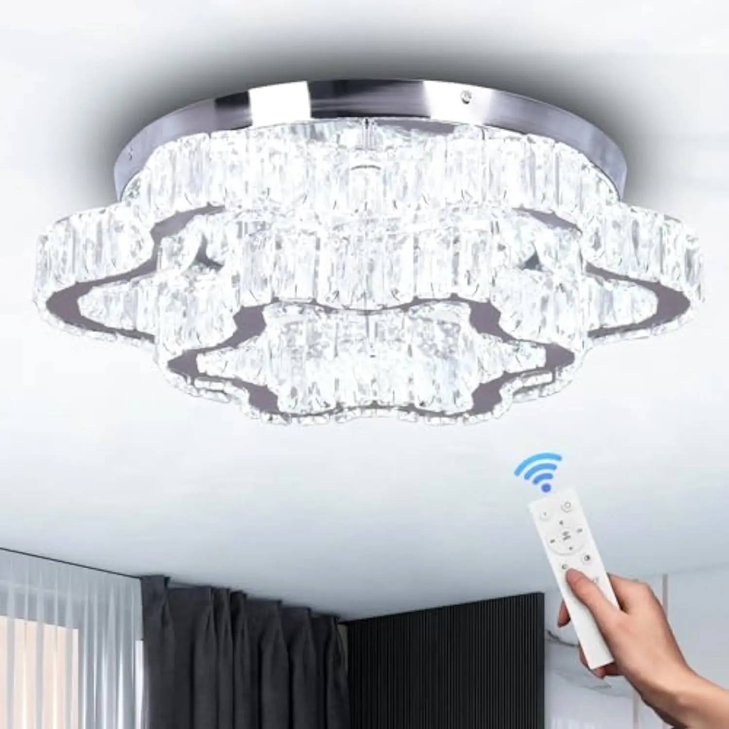 

18 Crystal Ceiling Light 2 Tiers Cloud Crystal Chandelier Led Flush Mount Ceiling Light Modern Chandeliers with Remote for Liv