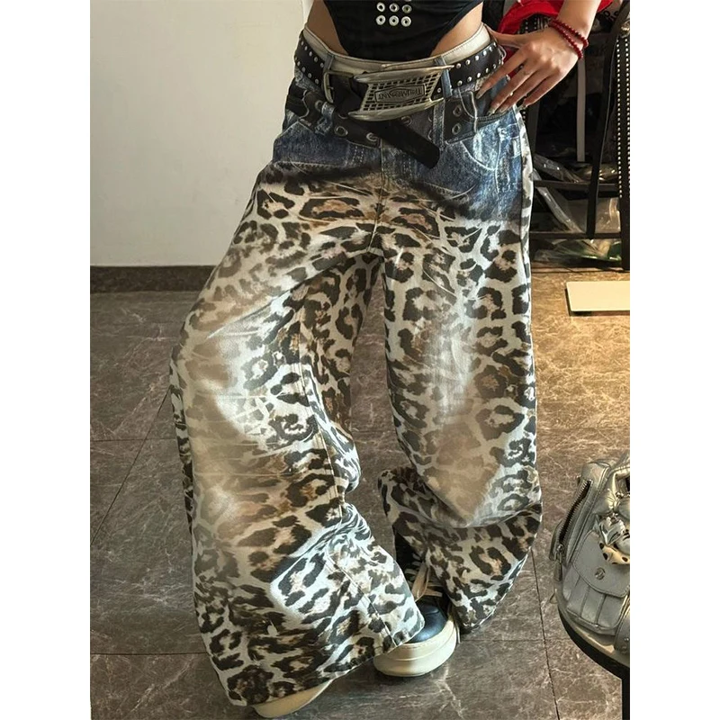 

Y2K Джинсовые джинсы с высокой талией и леопардовым принтом, длинные широкие джинсы, новые женские брюки, модные осенне-зимние брюки