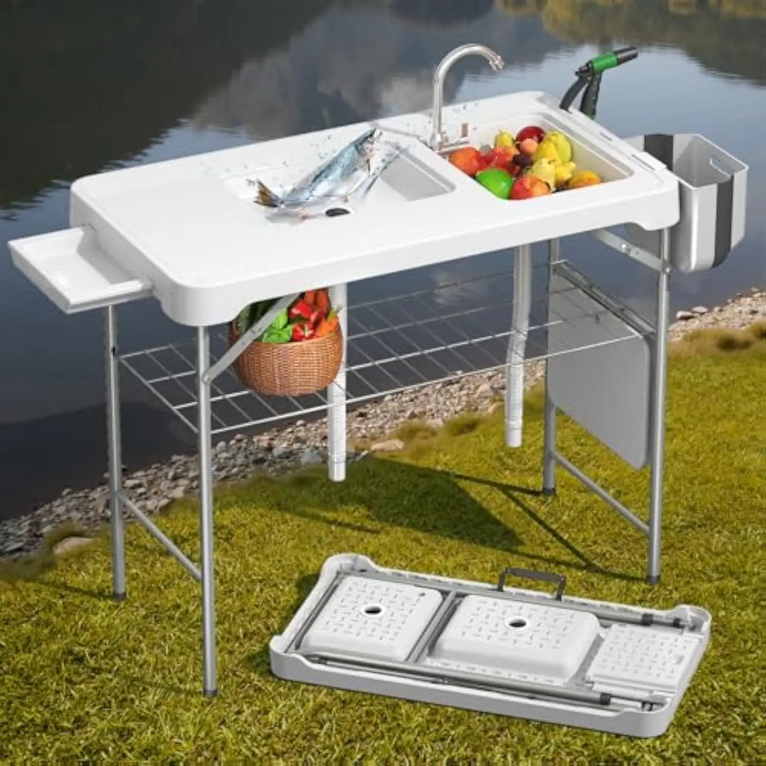 

42.5 Fish Cleaning Table with Sink – Portable Outdoor Sink Station for Camping、 Fishing、 Picnics Folding Camping Sink Stati