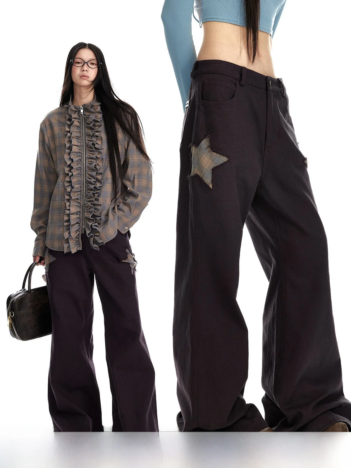 

Jikoo Ретро-звезда в стиле пэчворк, свободные прямые широкие брюки, тяжелые расклешенные брюки длиной до пола, женские модные повседневные брюки...