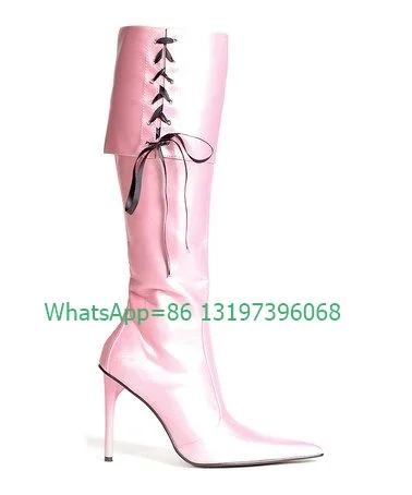 

Lady Metallic Pink Pu Turn-Over Lace-Up Pointed Toe Boots Stiletto Heel Elegant Daily Boots Footwear Size Sexy Dress Party Boots