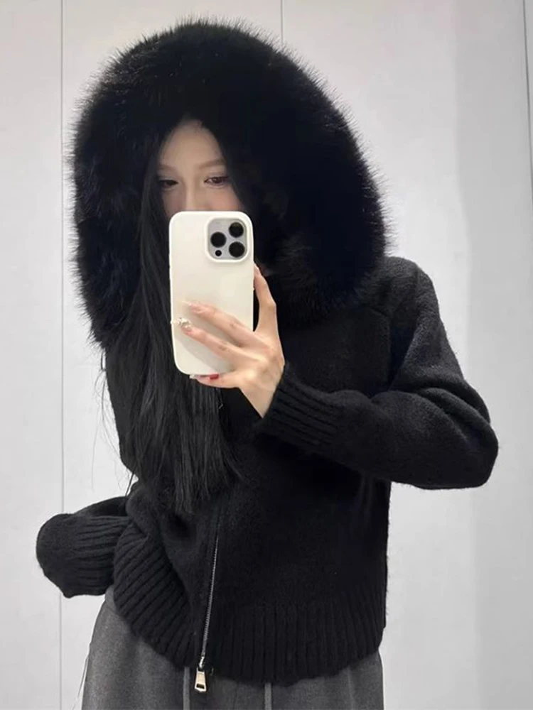 Vintage Hooded Knit Cardigan Women Casual Solid Simple Large Fur Collar Sweater Fall Winter Loose Long Sleeve All Match Tops New - Image 2