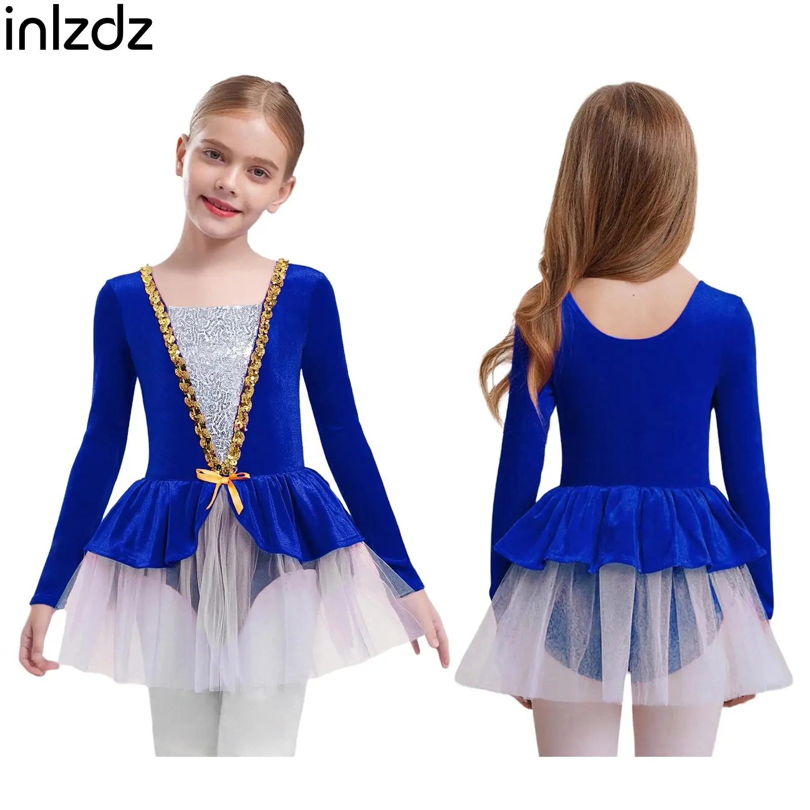 

Kid Girl Gymnastic Ballet Dance Dress Long Sleeves Sequins Velvet Tutu Princess Dress for Figure Skating Dance Party Performance