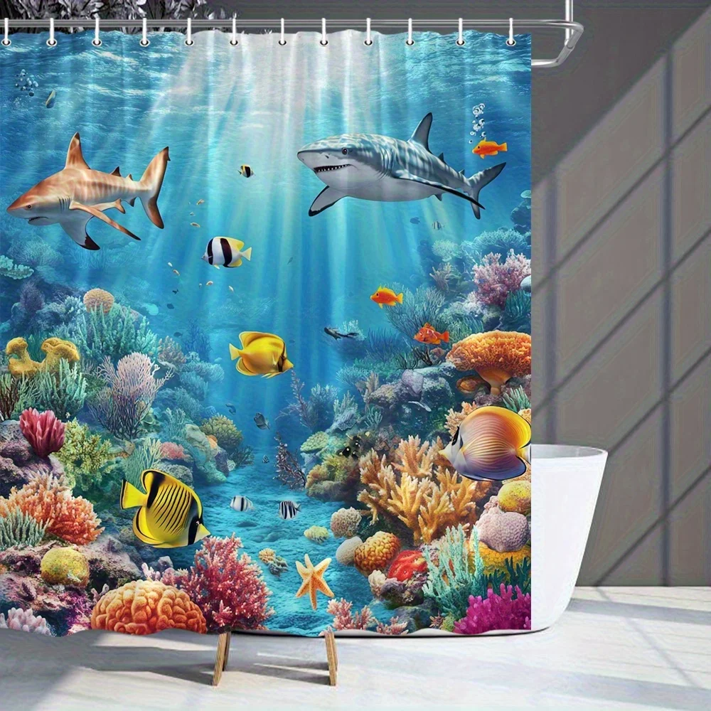 

Красочная занавеска для душа Ocean Life, включая акулы и коралловые рифы, для весеннего и летнего декора ванной комнаты, цифровая печать, высокая