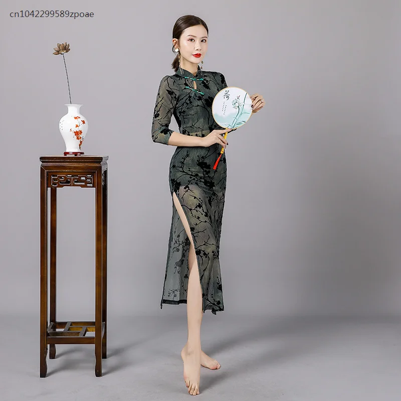 

Classical Dance Clothing Cheongsam Body Charm Practice Clothing For Women People's National Style Slit Chinese Dance Ethnic Lat