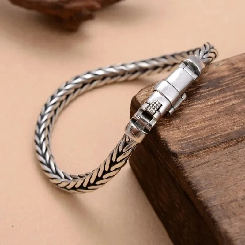 2024 New Real Pure S925 Silver Handmade Woven Retro Domineering Trend Personality Keel Bracelets punk hiphop party gift man