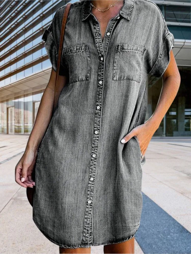 فستان أنيق بطية صدر واحدة للنساء ، فستان كاجوال فضفاض ، دينم قصير الأكمام ، فساتين بطول الركبة للسيدات ، ملابس موضة جديدة ،