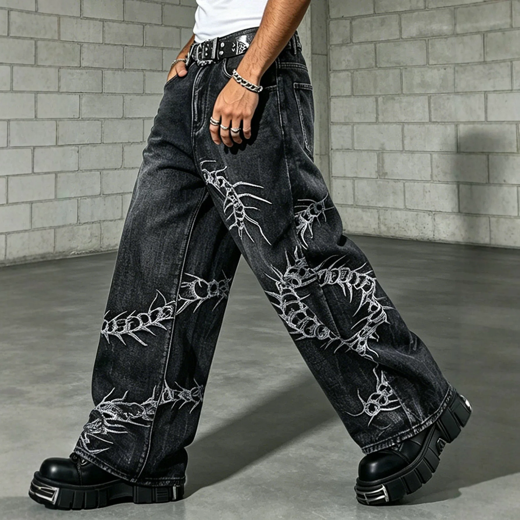 Men's Jeans, Loose Embroidered Denim Trousers, Street Hip-Hop Black Wide-Leg Pants for Daily Outings, Y2K Men's Pants
