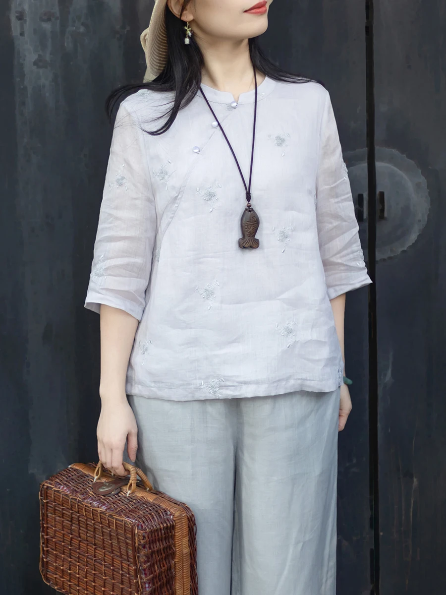 

Новая женская легкая блузка в китайском стиле с вышивкой, из хлопка и льна, с воротником-стойкой и боковыми пуговицами, от Nian Jiang Nan