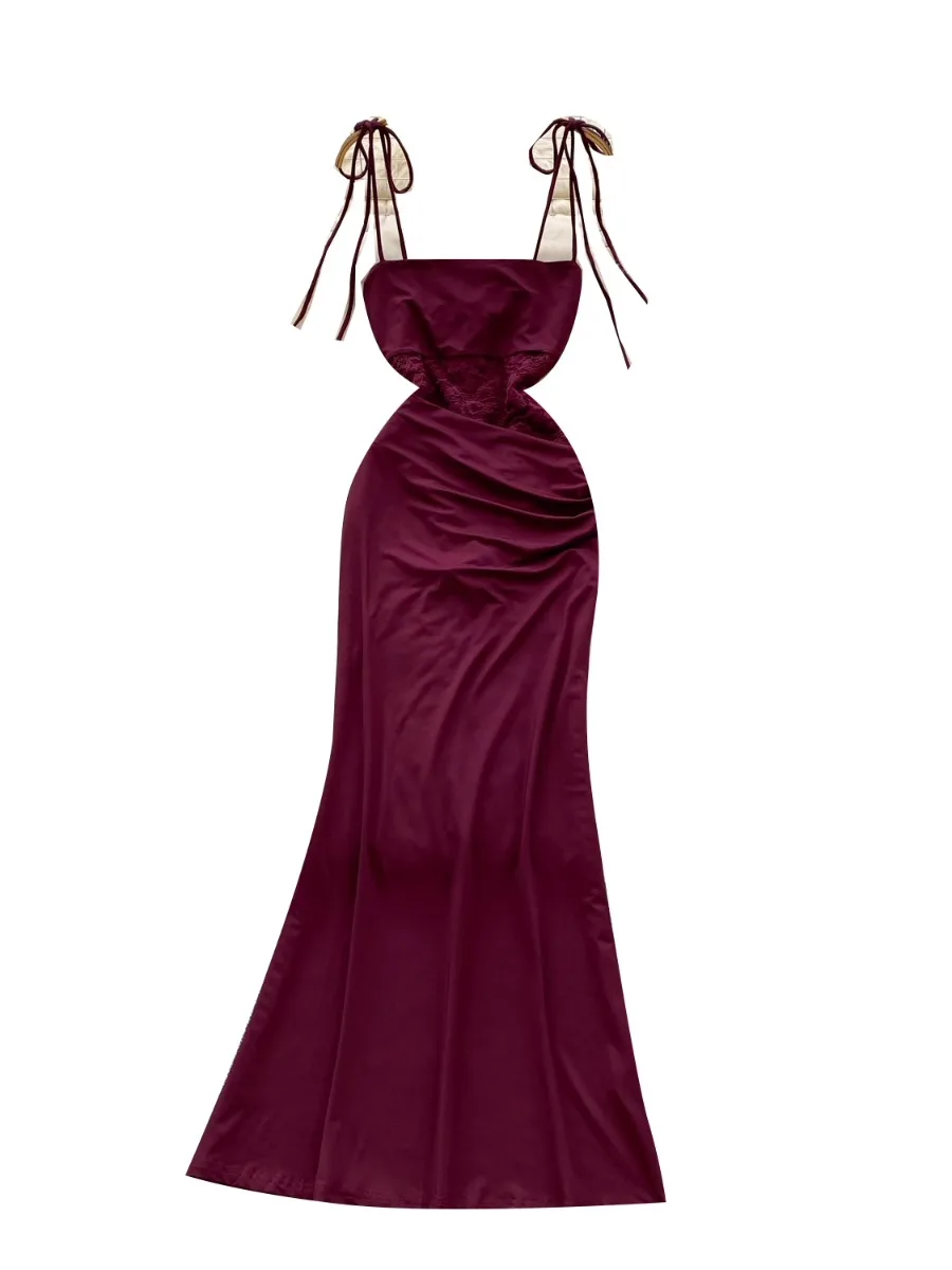 Foamlina 2025 Letnia Nowa Sukienka Bodycon Wieczorowa Damska Elegancka Bez Rękawów Koronkowa Wstawka Talia Obcisła Wino Czerwona Maxi Sukienka na Bal