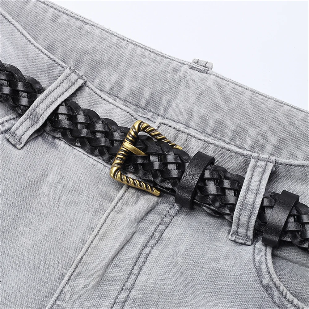 Damen-Gürtel aus echtem Leder, geflochten, Gurtband, hochwertige Hand-Vintage-Gürtel für Damen, goldfarben, Dornschließe, lässig für Jeans