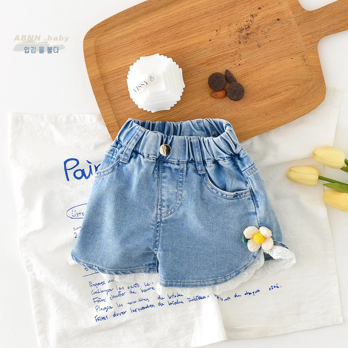 2-8Years Old Girls Denim Shorts Summer Elastic Waist Lace Flower Thin Denim Hot Pants Kids Jean Shorts Children\'s Wear Clothes