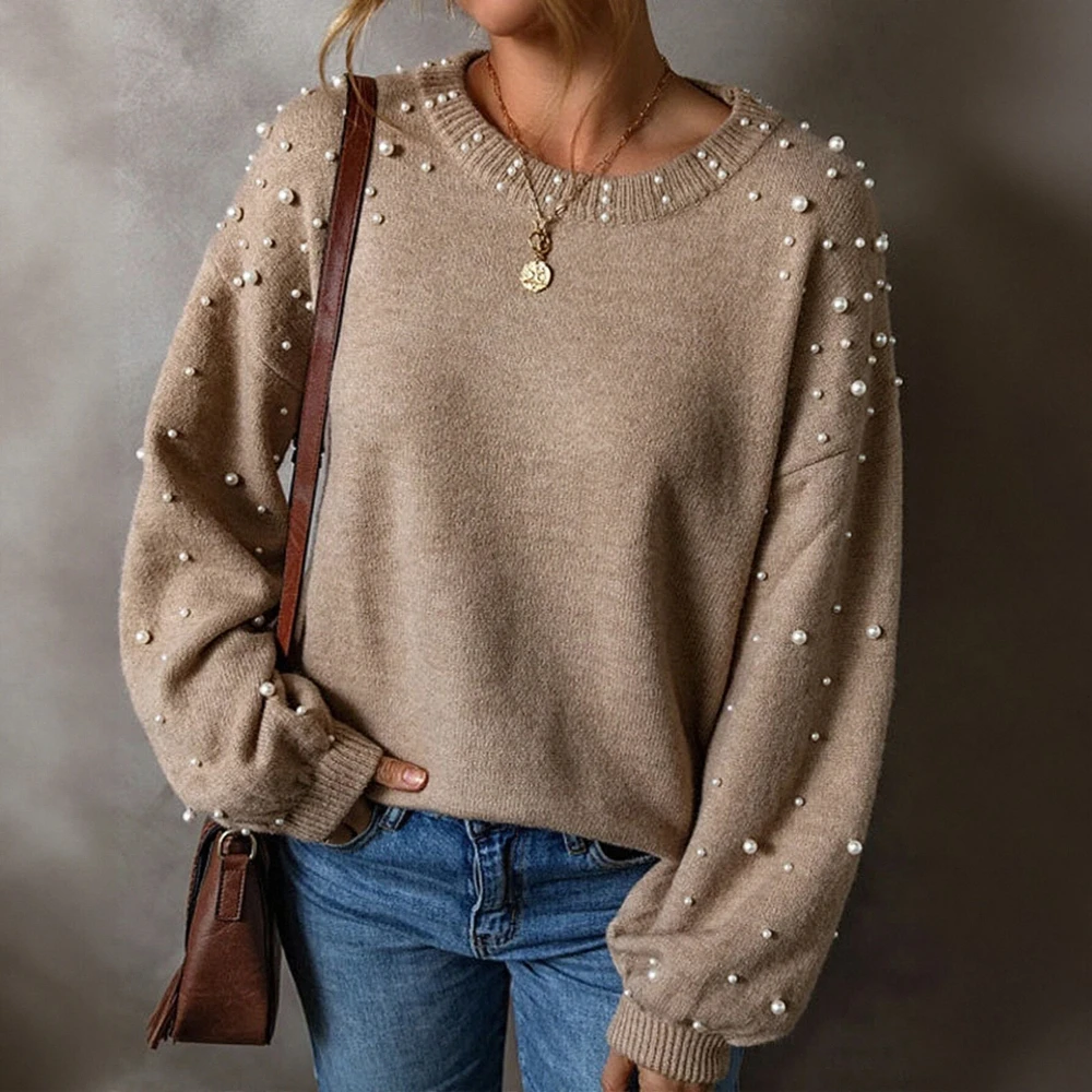 

Yangyang женский пуловер с длинными рукавами и бисером, круглый вырез, свитер большого размера, свободный крой на осень-зиму, европейско-американский стиль