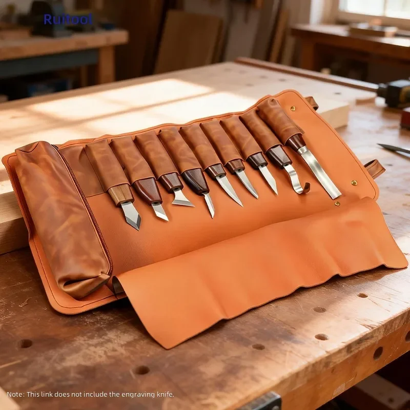 Carving Knife Storage Bag 10 Grid Roll Up Wear Resistant PU Leather Tool Roll for Woodworking DIY Hardware Kit Organizer