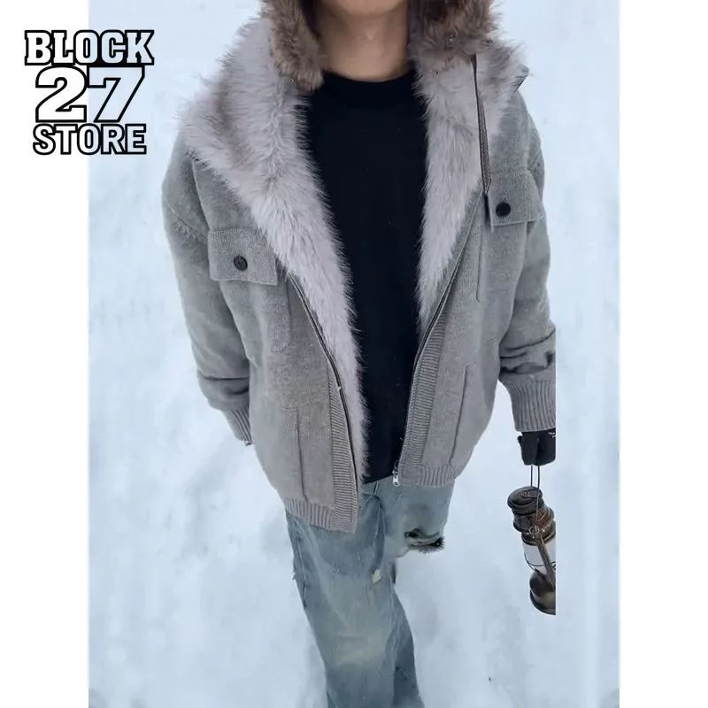 

Mens Sweater Harajuku Autumn Winter Eagle Fur Collar Knit Cardigan Cleanfit Casual Warm Pullover Fashion Streetwear Style New