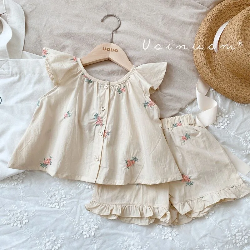 1-7Y 2026 Girls Summer Clothes Sets Camisole Top + Shorts Two-piece Summer Children's Suit Embroidered Ruffle Sets