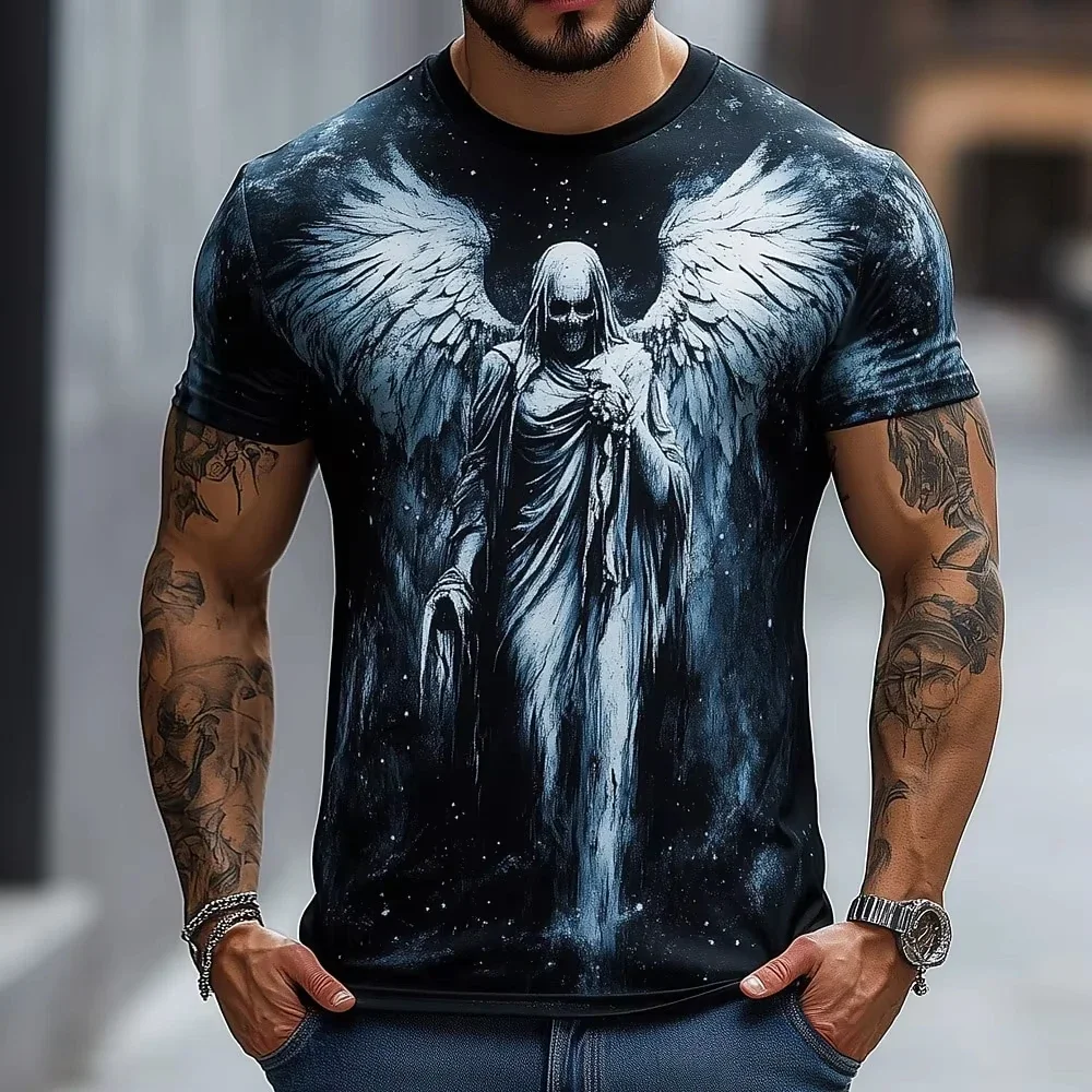 Vintage Grim Reaper Angel Wings Print T-Shirt Men Crew Neck Short Sleeve Gothic Horror Punk Black Casual Fashion Tops