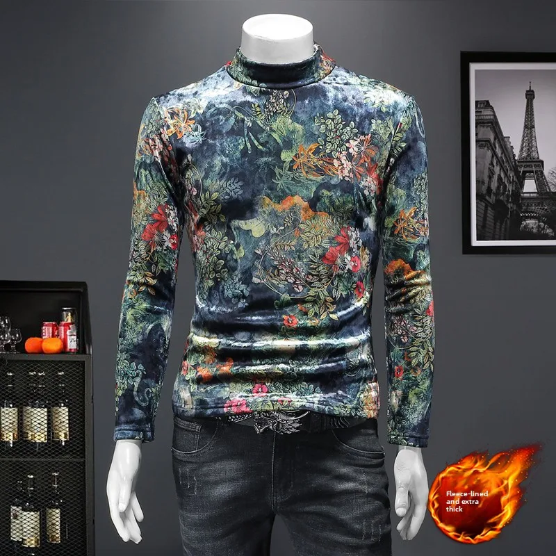 

Мужская бархатная футболка с длинным рукавом, на флисовой подкладке, утепленная, с вышивкой, с высоким воротником, базовый слой, модная, осенне-зимняя, новинка
