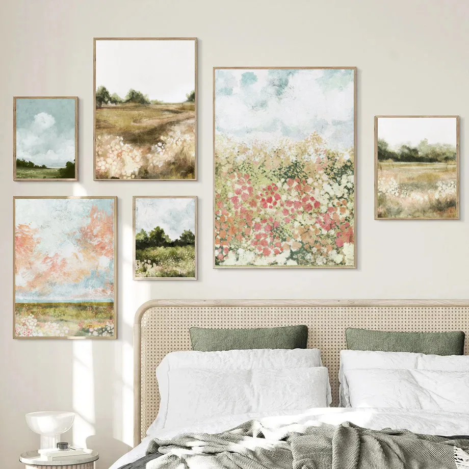 Vintage Spring Wildflower Landscape Country Flower Field Poster Print Canvas Painting Wall Art Pictures Living Room Home Decor