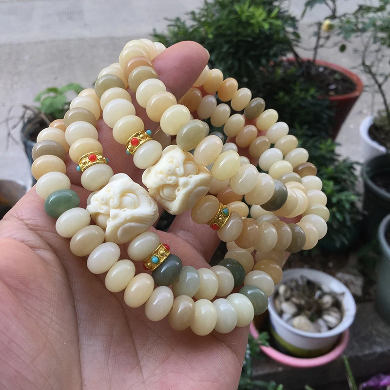 Cream Yellow Abacus Bodhi , Multi-Buddha Root Double-Circle Buddhist Bead Cultural Bracelet