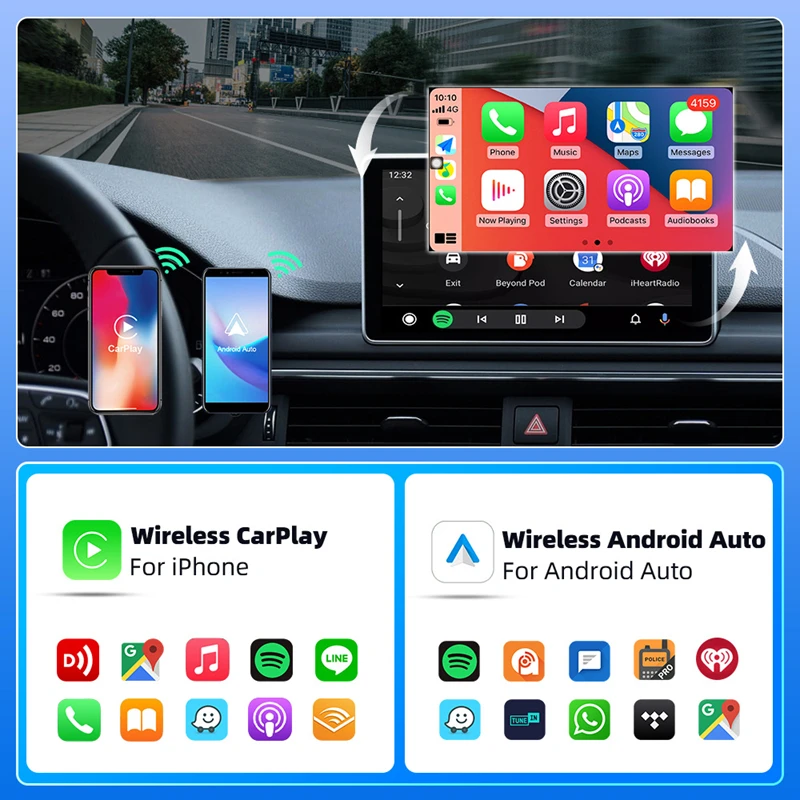 Adattatore CarPlay wireless 2in1 Android Auto AI Smart Box Sistemi intelligenti per auto Plug And Play per Toyota Nissan Honda Ford Benz
