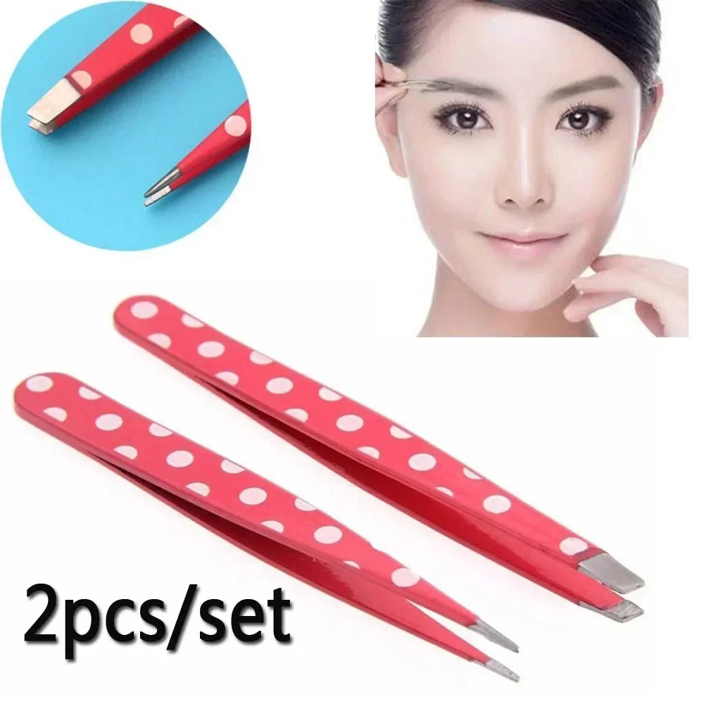 2Pcs Professional Beauty Slant Makeup Tools Stainless Steel Hair Removal Eyebrow Tweezer