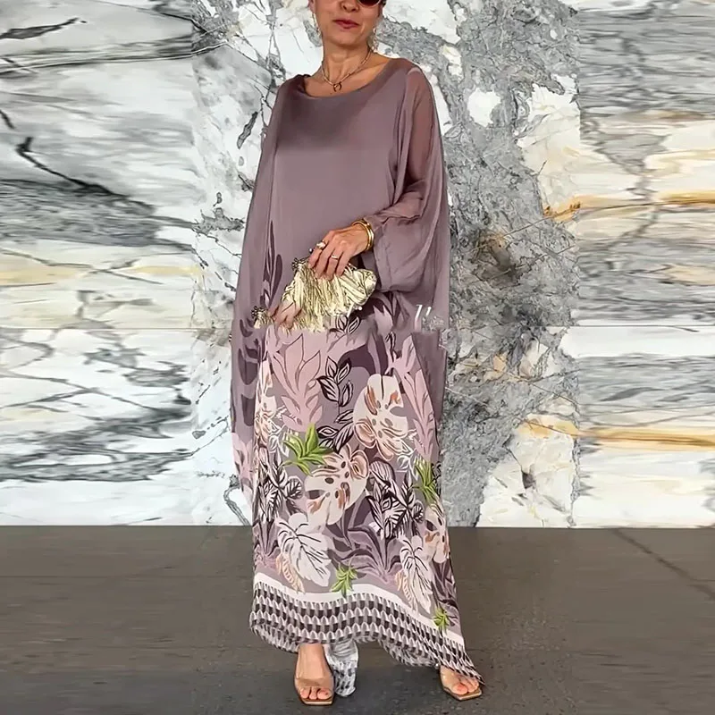 Fashion Floral Printed Commuter Women Dress Lady Elegant O Neck Long Sleeved Pullover Dress Casual Party Loose Robe Maxi Dress