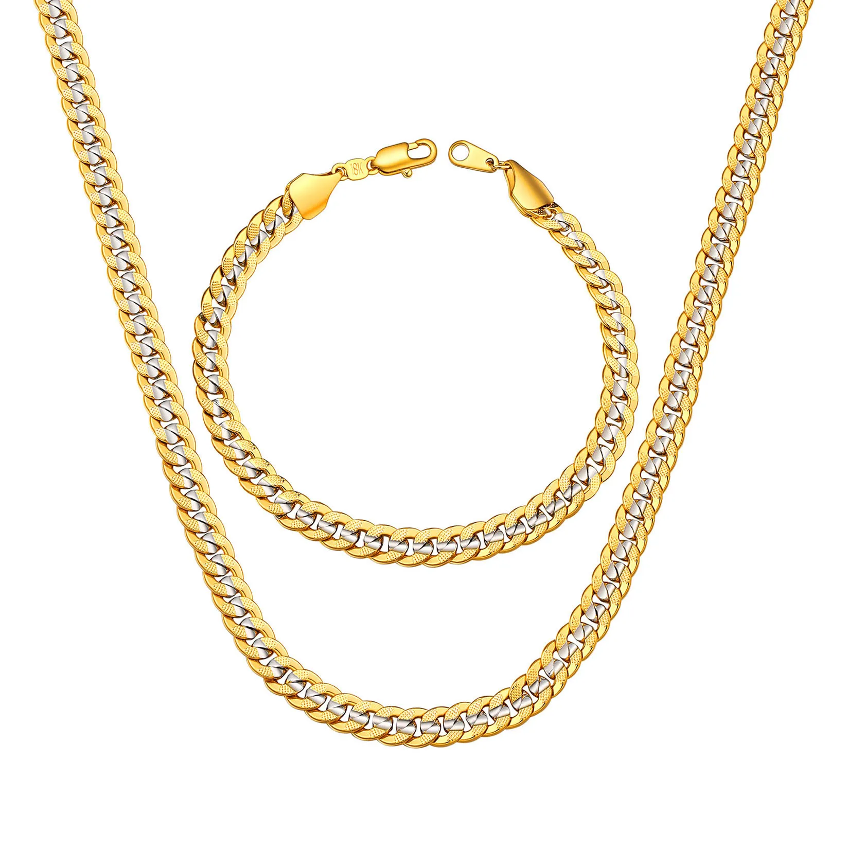 U7 6.5mm Thick Cuban Link Chain Bracelet Necklace Set for Man 8.3\