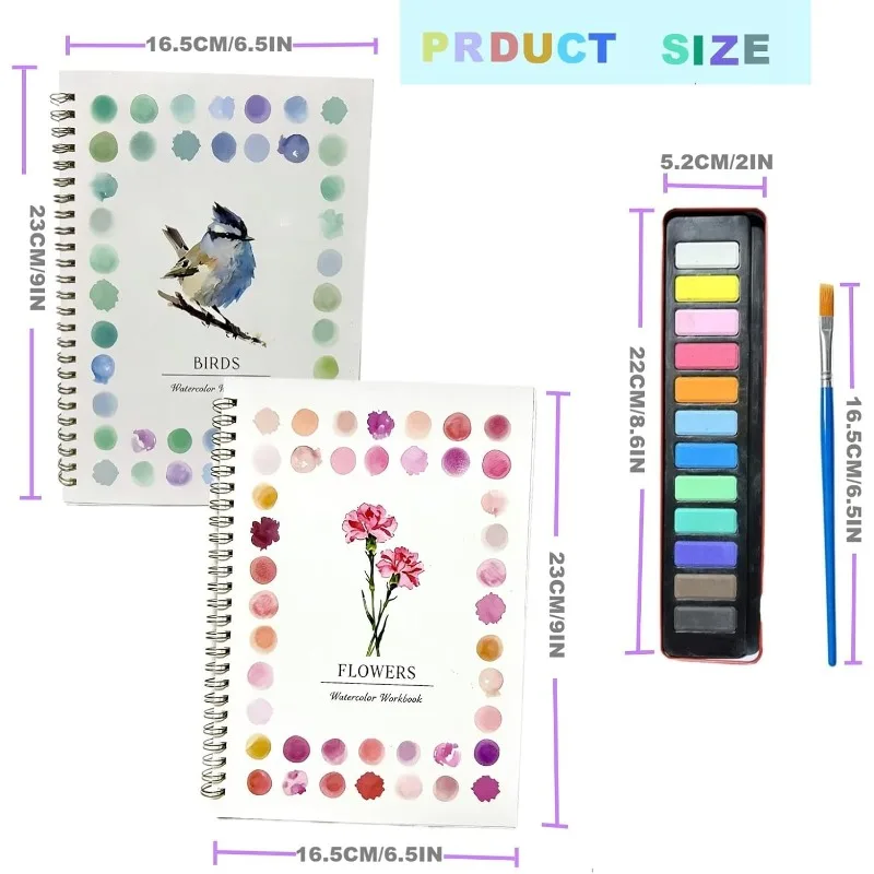 2Pcs Beginner Birds Flowers Watercolor Kit, 12 Paints Brush Sketch Pads Pre-Sketched Book Step-by-Step Guide for Adults Teens