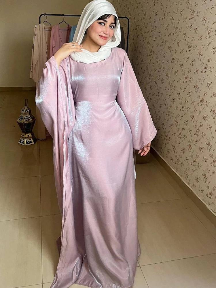 Eid Ramadan Muslim Dress Women Satin Bat Sleeve Silky Maxi Jalabiya Vestidos Largos Dubai Party Evening Dresses Summer 2024