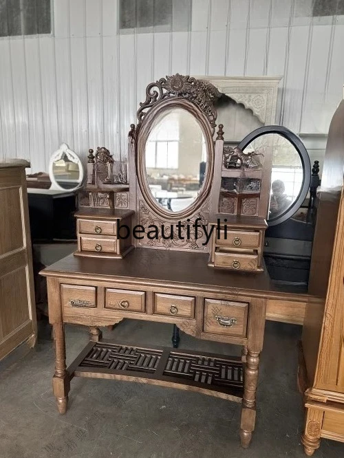 

American Style Solid Wood Dressing Table French Retro Carved Vintage Small Apartment Dressing Table Makeup Table