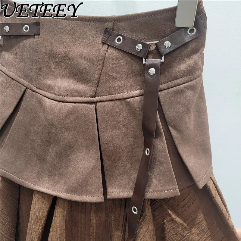 تنورة قصيرة كلاسيكية ذات ثنيات من جلد الغزال الصناعي للنساء، تنانير قصيرة أنيقة متعددة الاستخدامات عالية الخصر للتخسيس على شكل حرف a