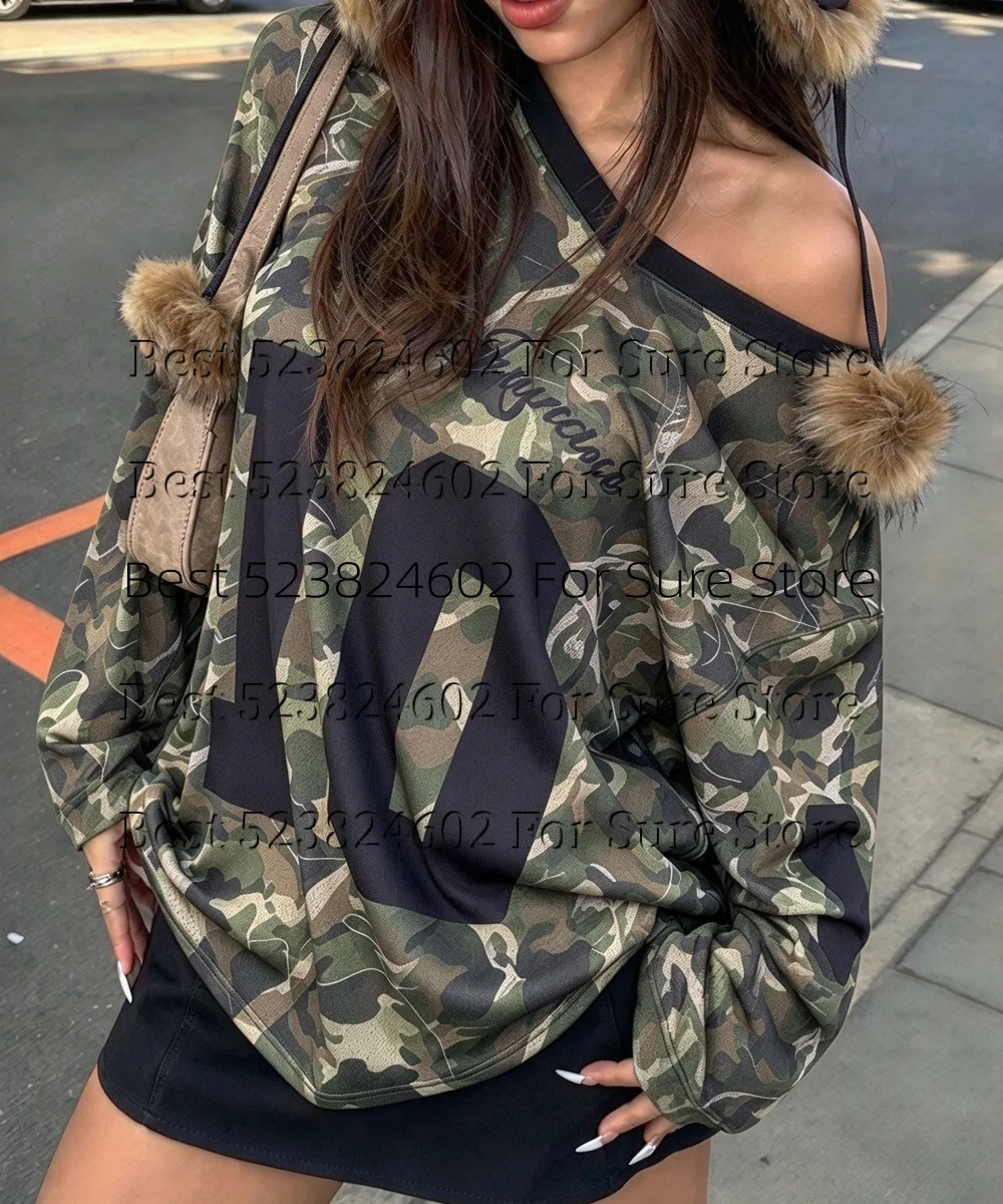 Y2K Women's Shirt Camouflage Football Tee Jersey Long Sleeve V Neck Number 10 Letter Print Plus size Loose Streetwear Tunic Tops