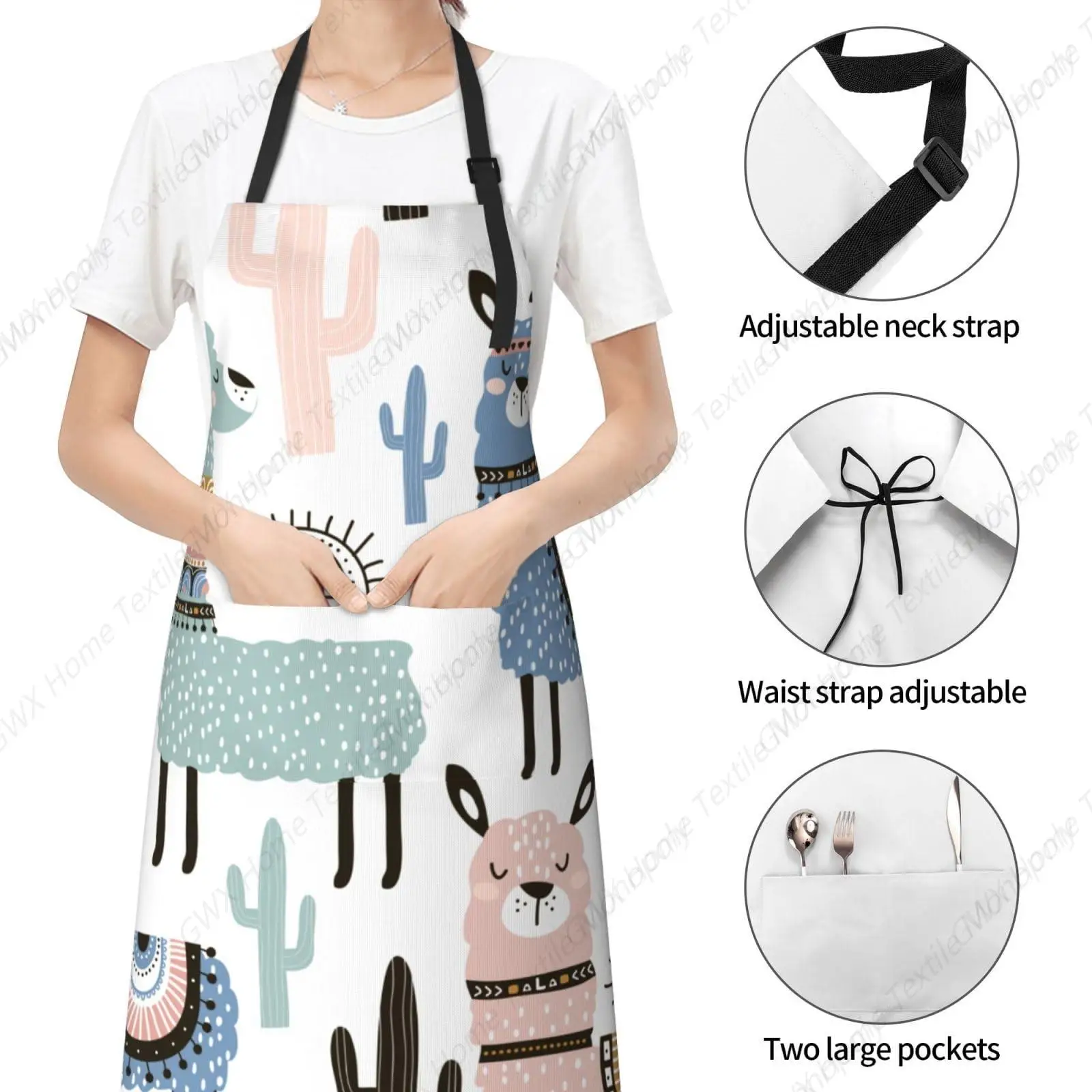 Alpaca Llama Waterproof Bib Apron with 2 Pockets, Adjustable Kitchen Chef Apron for Men Women Cooking Grooming Bbq