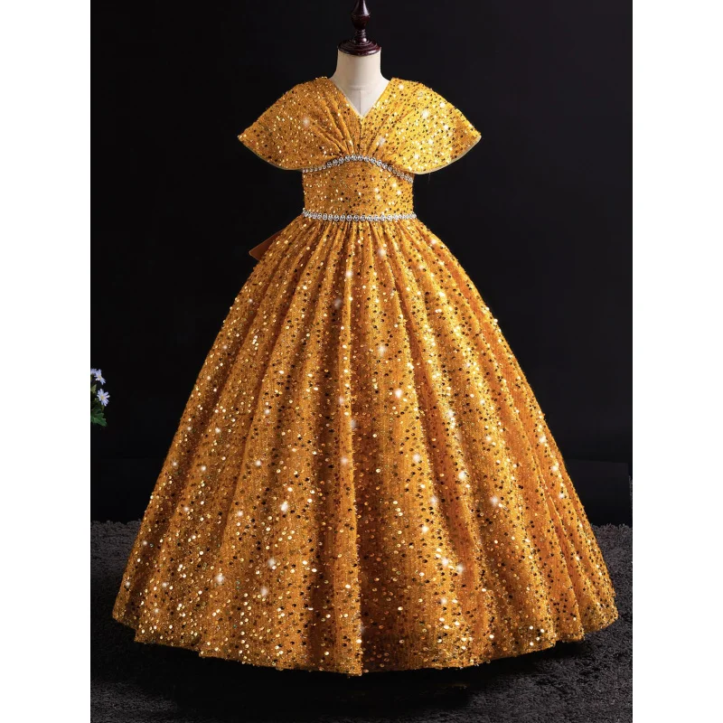 Girls' Formal Dress Sequin Beaded Glitter Ruffle Sleeve Big Girl Dress Exclusive