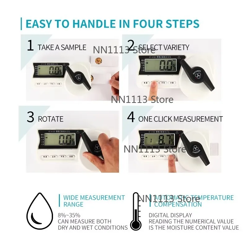

Portable Digital Moisture Meter KT-H100 for Rice Paddy Corn Coffee Bean Seeds Grain Testing