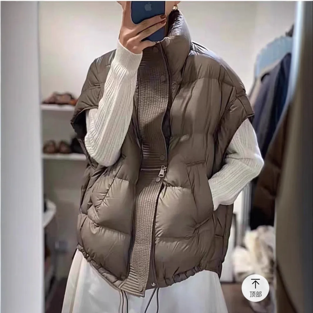 เสื้อกั๊กขนเป็ดสีขาวแบบใหม่ ดีไซน์ซิป แฟชั่นลำลอง คอตั้ง แขนกุด ทรงหลวม อุ่นสบาย สำหรับผู้หญิง