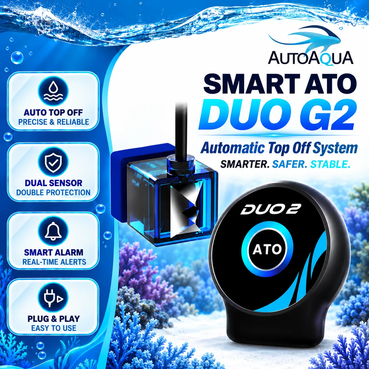 AUTOAQUA Smart ATO Duo G2 SATO-286P 110-220V Aquarium Fish Tank Auto Top Off System Water Filler Refiller Level Controller