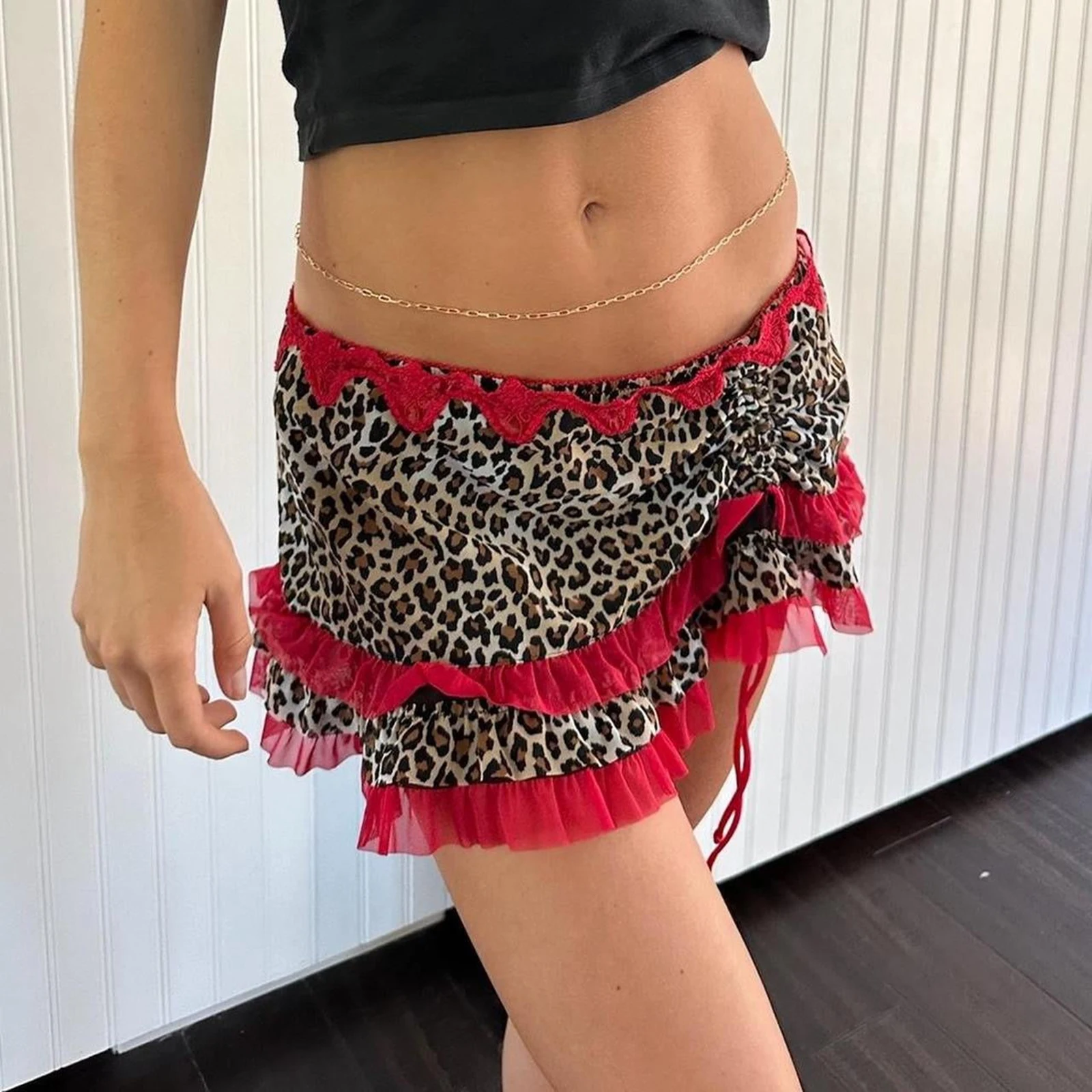 Sommer Vintage Leopard Print Rüschen Niedrige Taille Mini Rock Frauen Spitze Röcke Ästhetische Elegante Mode Dame Party Streetwear