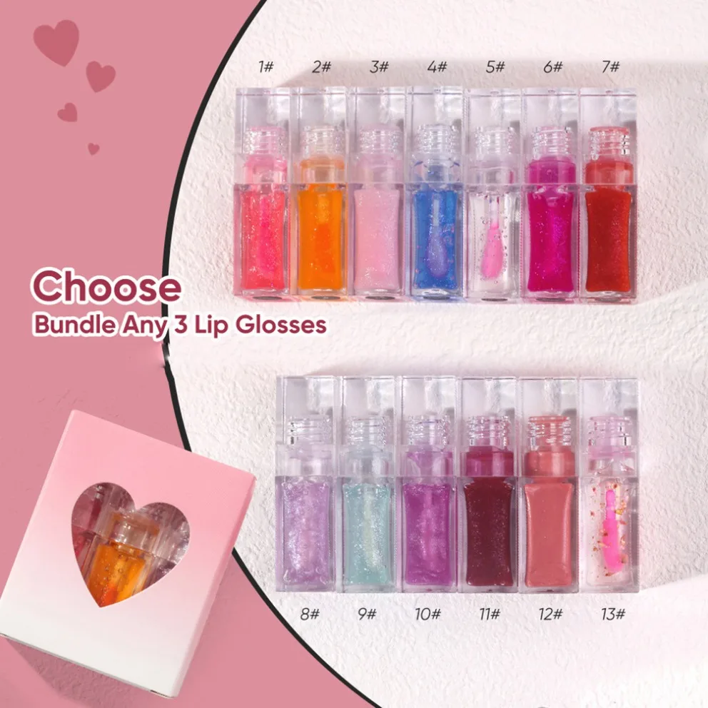 Private Label Vegan Lip Oil 3PCS/Set Color Change Lip Gloss with Heart Shape Box Custom Logo Wholesale Lipgloss Makeup