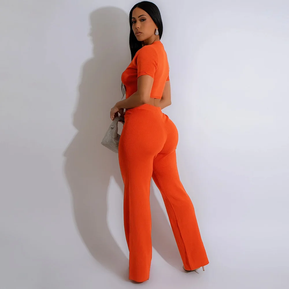 Women Two Piece Sets Pant Set V Neck Short Sexy Tops Y2k Streetwear Elegant Matching Sets Long Flare Pants High Waist Work