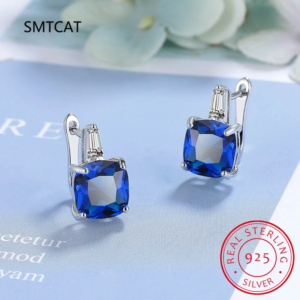 

Cushion Cut Created Blue Sapphire 925 Sterling Silver Square Hoop Earring Geometric Ear Buckles for Women Gemstone Jewelry Arete