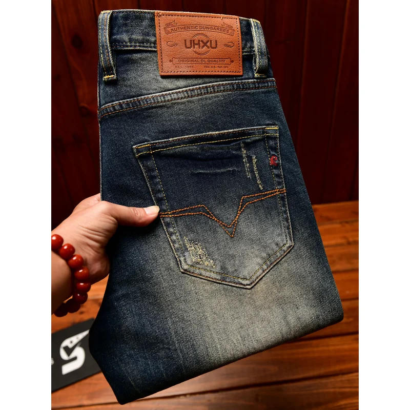 Heavy duty denim washed retro jeans for men 2025 new slim fit small foot elastic trendy brand casual Korean version pants