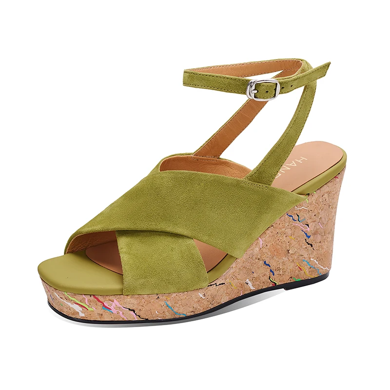 

﻿ Genuine Leather Cowhide Womens Wedge Sandals, Platform Open Toe Slip On Summer Ankle Strap Womens Shoes,Fashion High Heels